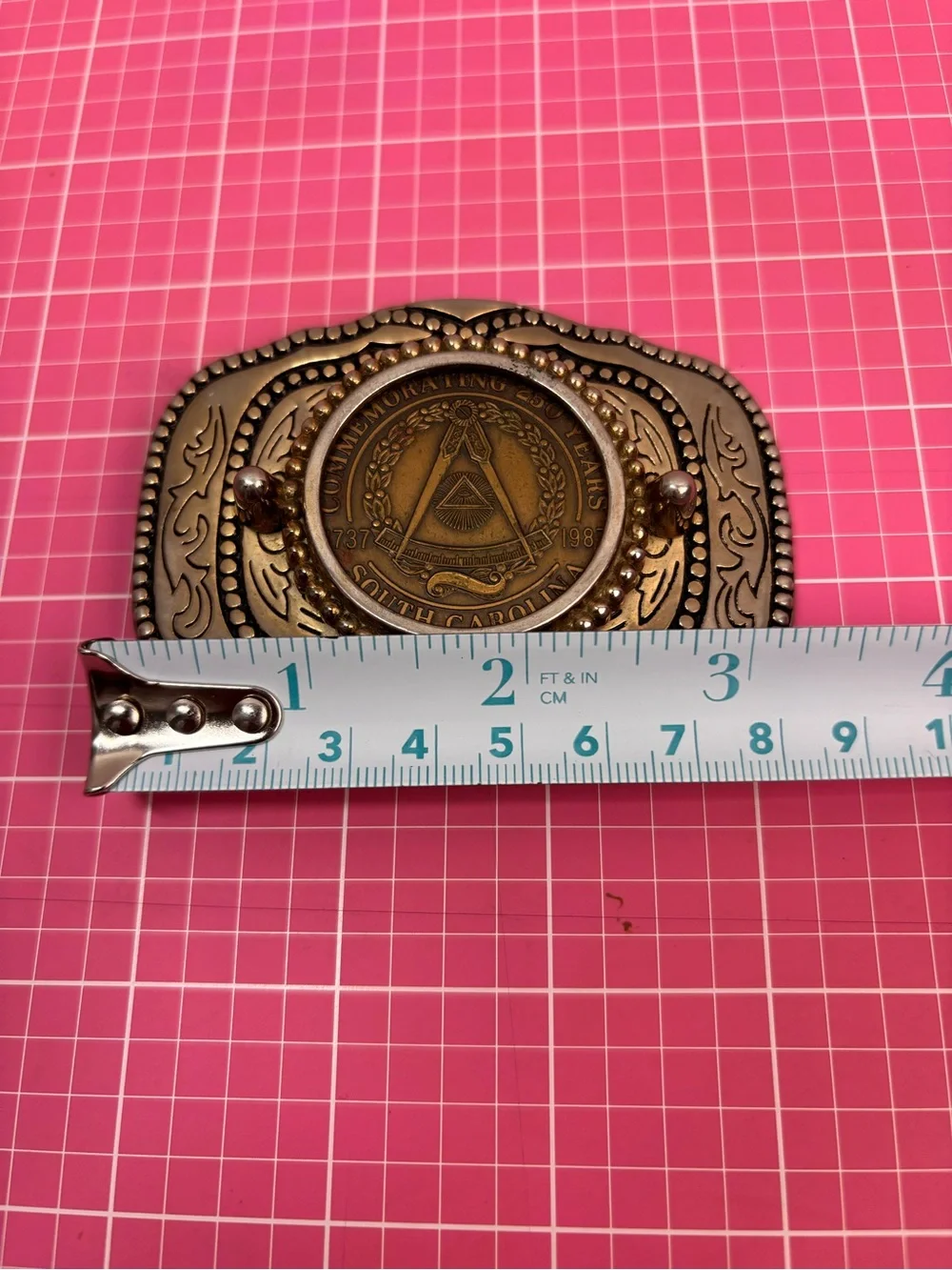 VTG Free Masons South Carolina Token Coin Belt Buckle 250 Anniversary 1737-1987